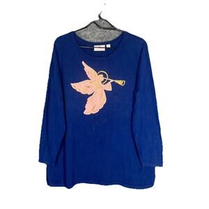 Quacker Factory Sweater Women XLarge Blue Sequin Angel Trumpet Christmas Holiday